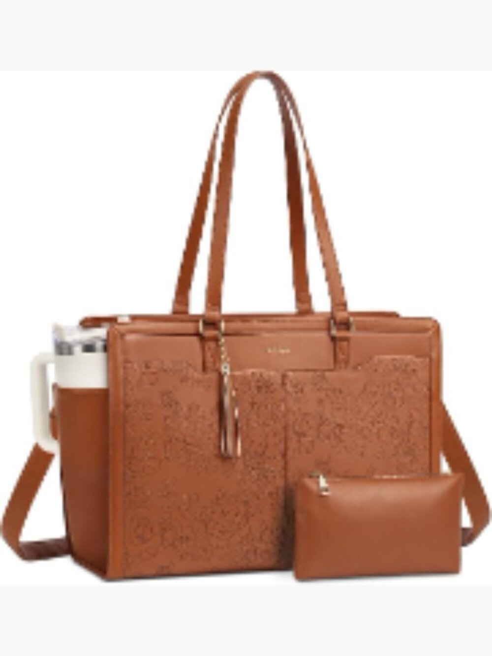 Vintage Embossed Faux Leather Laptop Tote Bag for Women 15.6" Work Bag with Cup